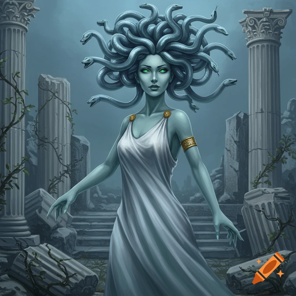 A mythological depiction of Medusa with snakes for hair and green eyes, standing in ancient ruins.
