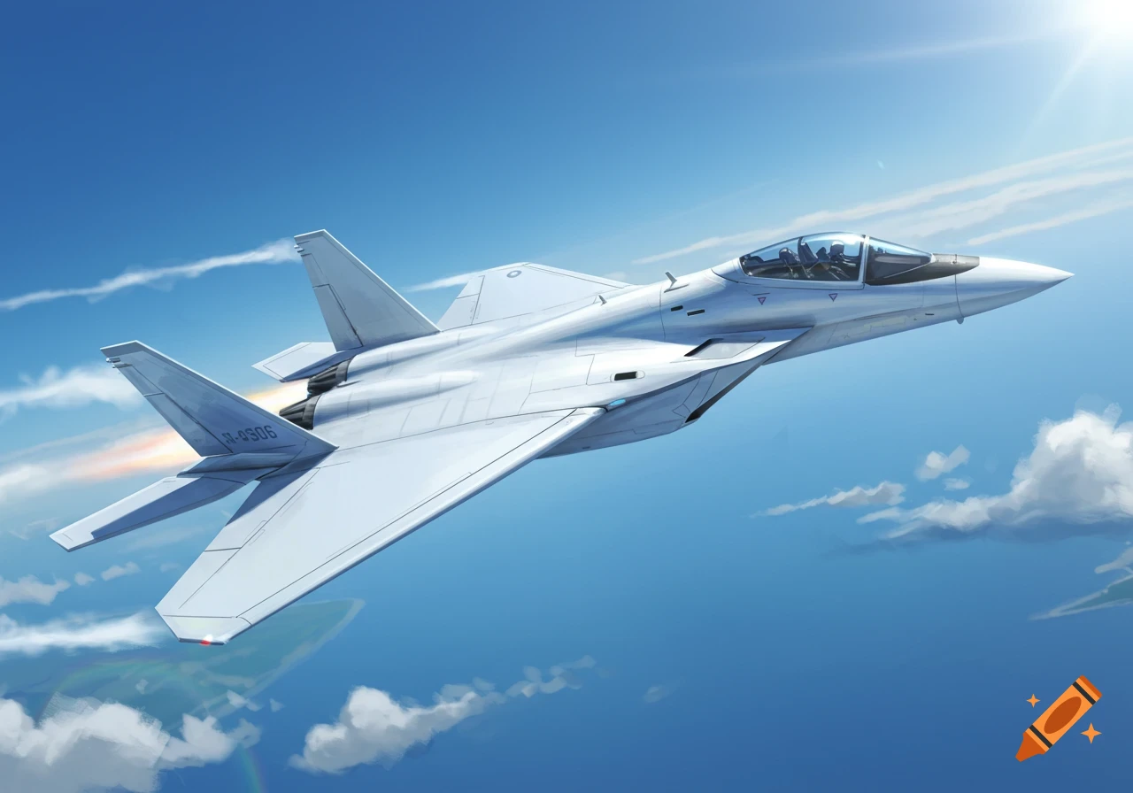 A white jet fighter soars through a bright blue sky with scattered clouds, its engine exhaust visible.