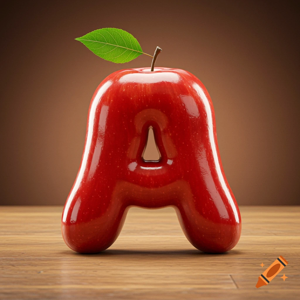 A shiny red apple shaped like the letter A, with a green leaf and brown stem, on a wooden table.