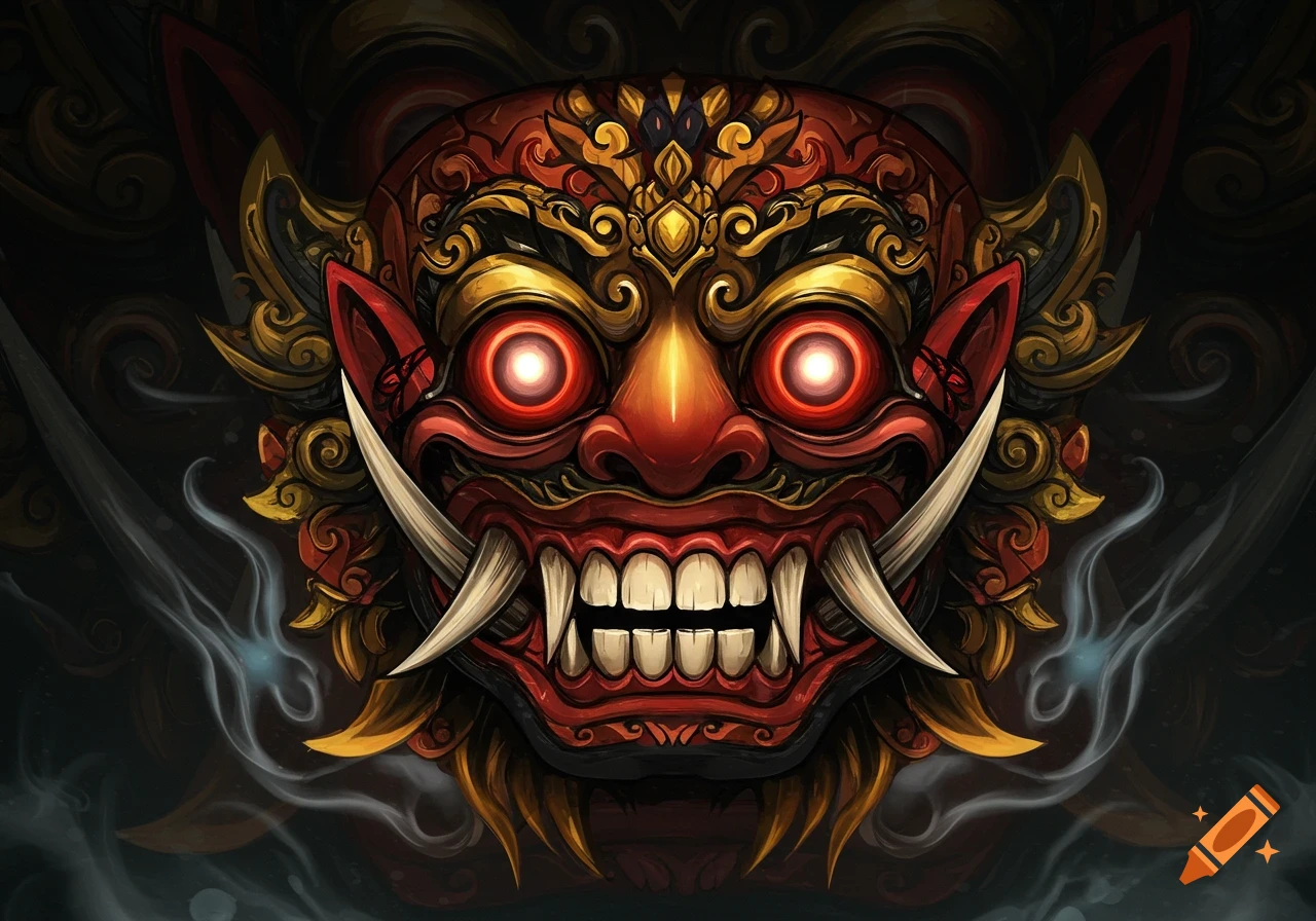 A ferocious-looking Indonesian mask illustration with glowing red eyes and sharp teeth against a dark background.