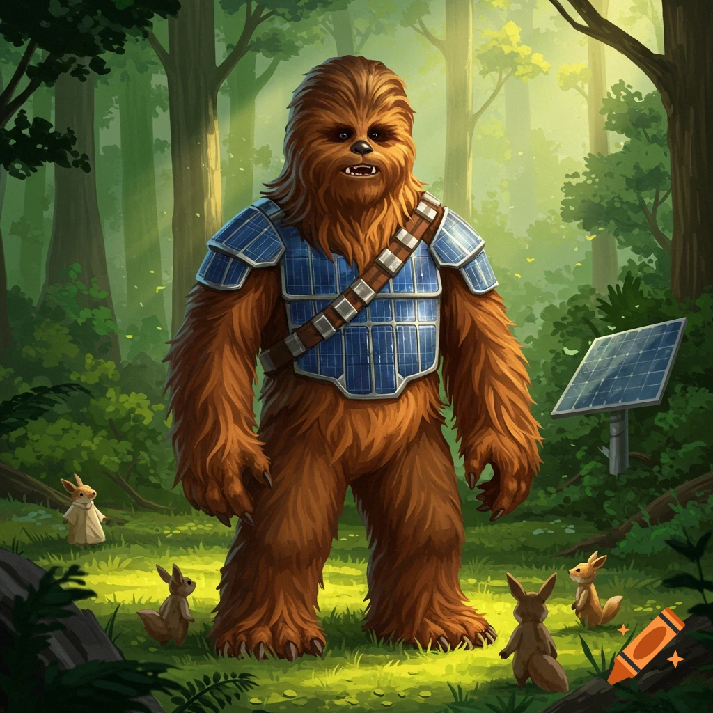 Chewbacca, wearing armor made of solar panels, stands in a sunlit forest surrounded by small, rabbit-like creatures and a ground-mounted solar panel.