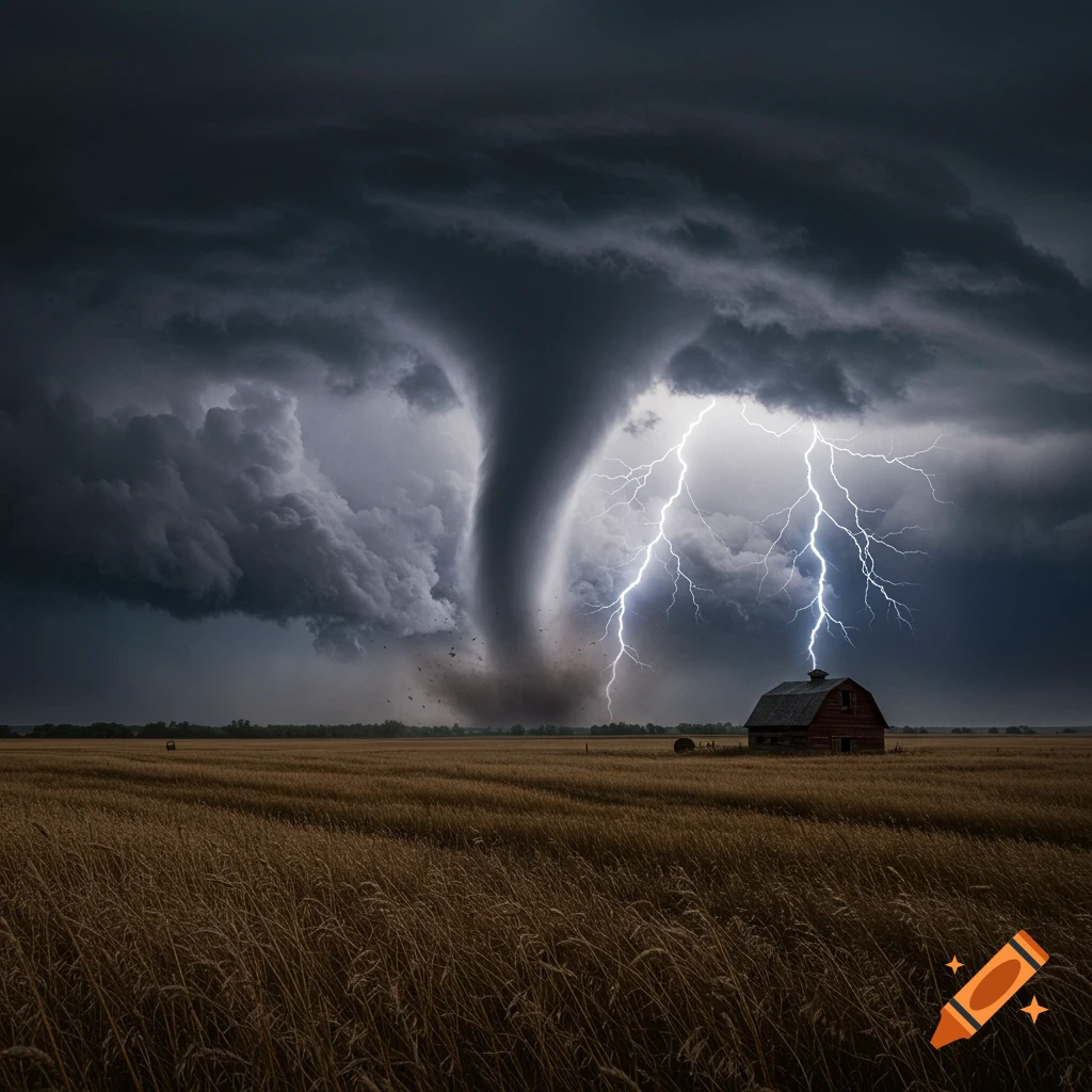 A large tornado twists over a golden wheat field with a red barn, as lightning strikes under a dark, stormy sky.