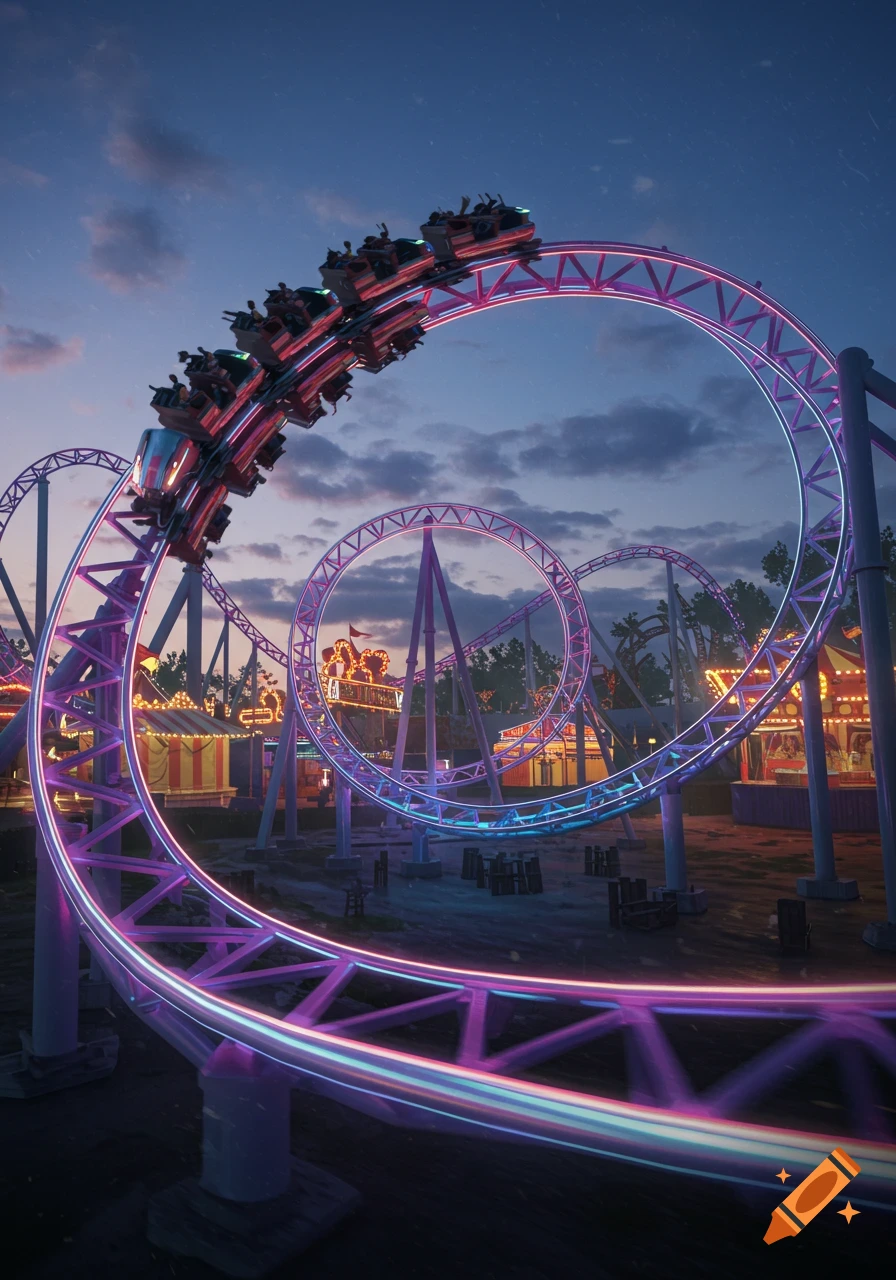 A glowing neon roller coaster loops against a twilight sky at an amusement park, with other rides visible in the background.