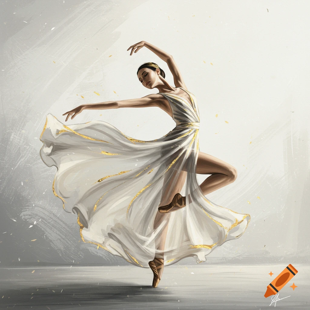 A graceful digital painting of a ballerina in a flowing white and gold dress dancing against a light gray background.
