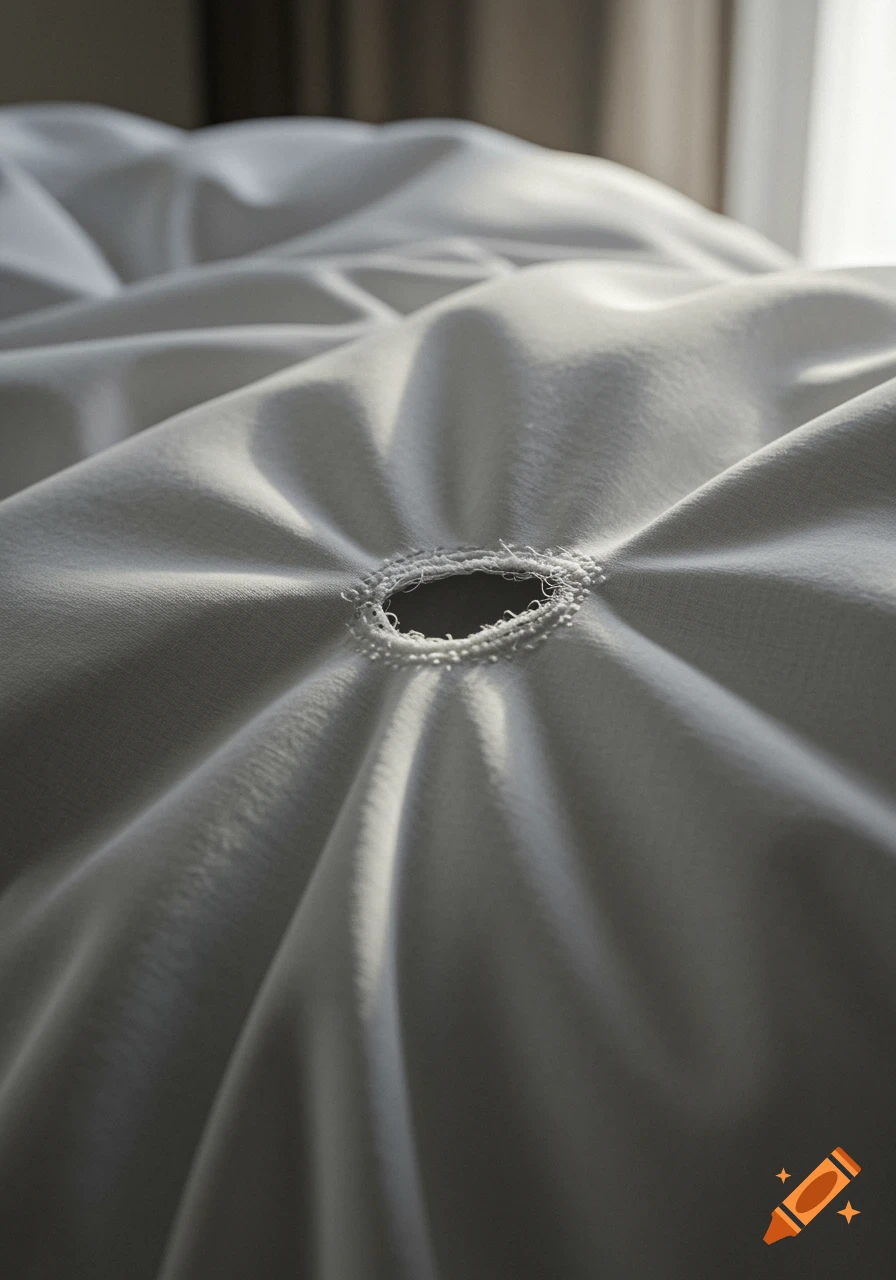 Close-up of a white, crumpled bedsheet with a small, ragged tear in the center, bathed in soft light.