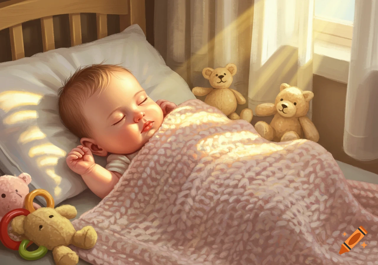 A digital painting of a baby sleeping soundly in a crib, bathed in warm sunlight, surrounded by teddy bears.