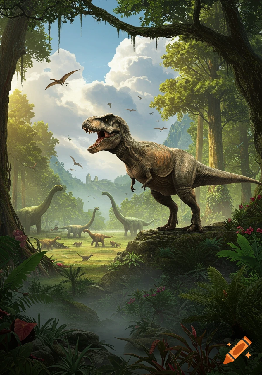 A realistic illustration of a T-Rex roaring on a rock in a lush prehistoric jungle with other dinosaurs and pterodactyls.