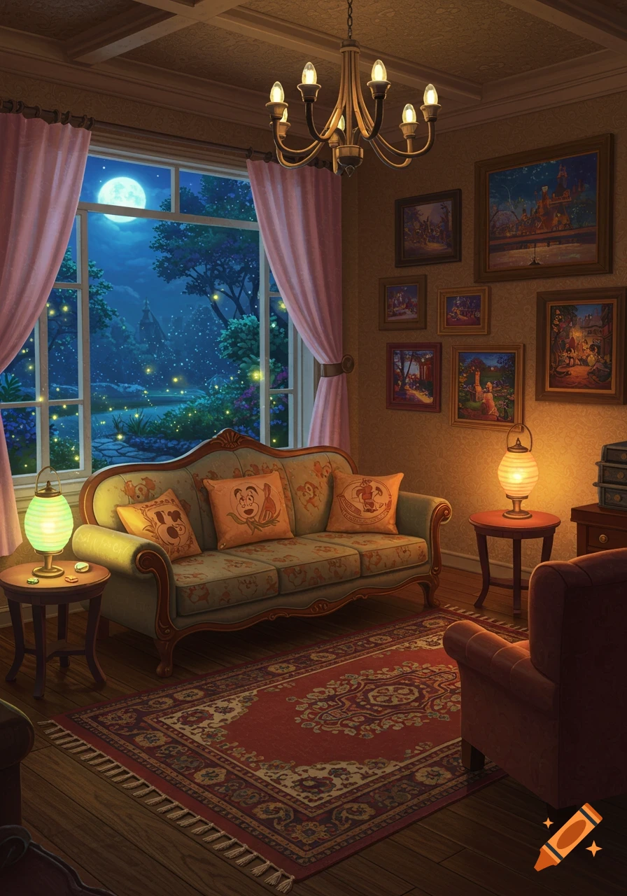 A cozy living room at night with pink curtains, a chandelier, and a large window looking out onto a magical moonlit landscape with fireflies.