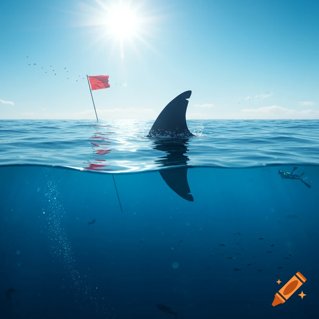 A photorealistic image of a shark fin breaking the surface of the ocean near a red dive flag, with a diver visible underwater.