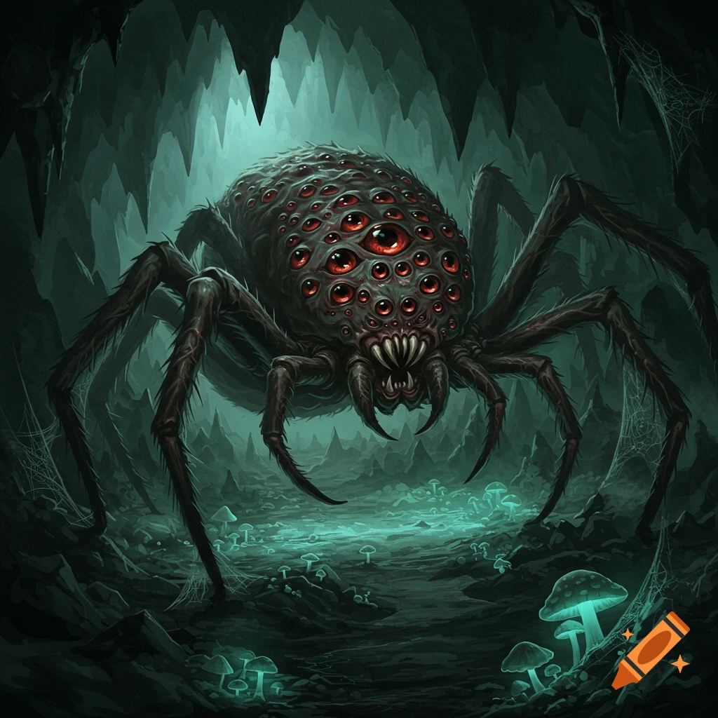 A monstrous spider with many red eyes in a dark cave with glowing mushrooms, digital art.