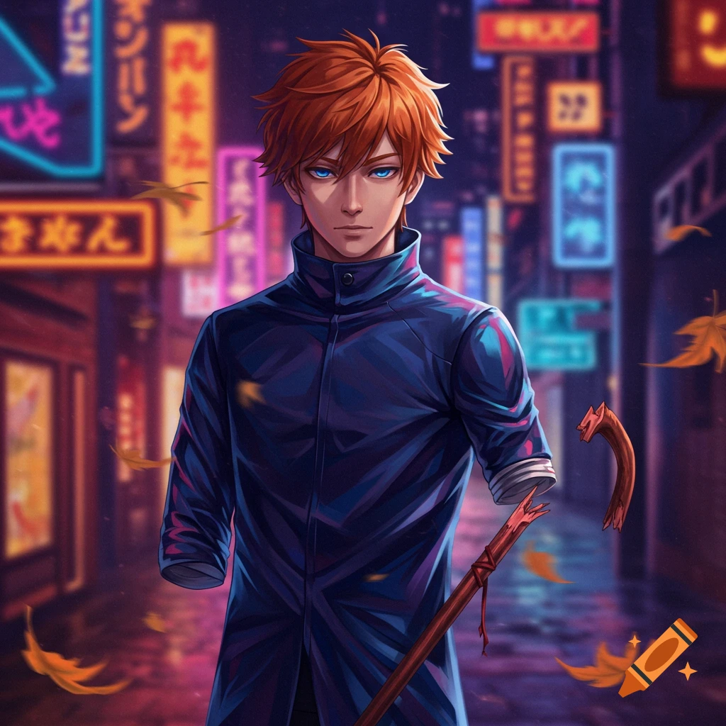An anime man with orange hair and blue eyes stands in a neon-lit urban alley, holding a broken cane, his left arm missing.
