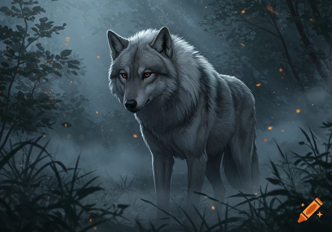 A majestic grey wolf with glowing orange eyes stands in a misty, dark forest with scattered golden lights.