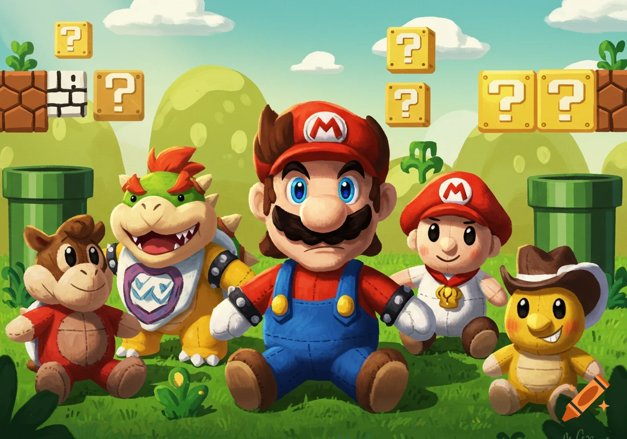 Plush toy versions of Super Mario characters, including Mario and Bowser Jr., sitting in a vibrant cartoon landscape with question mark blocks.