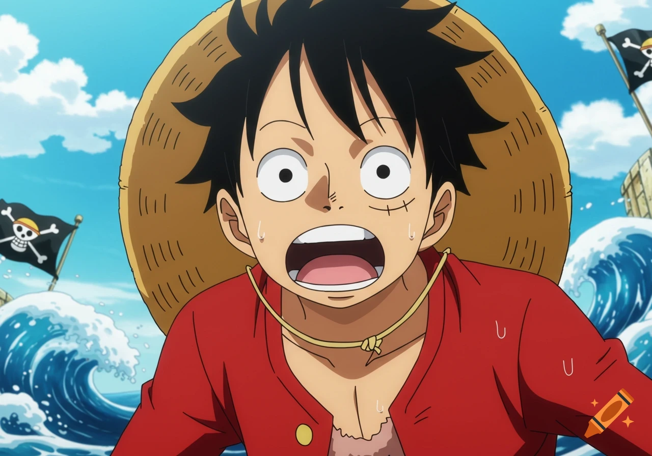 Close-up anime illustration of Luffy from One Piece with a surprised expression, against a background of waves and pirate flags.