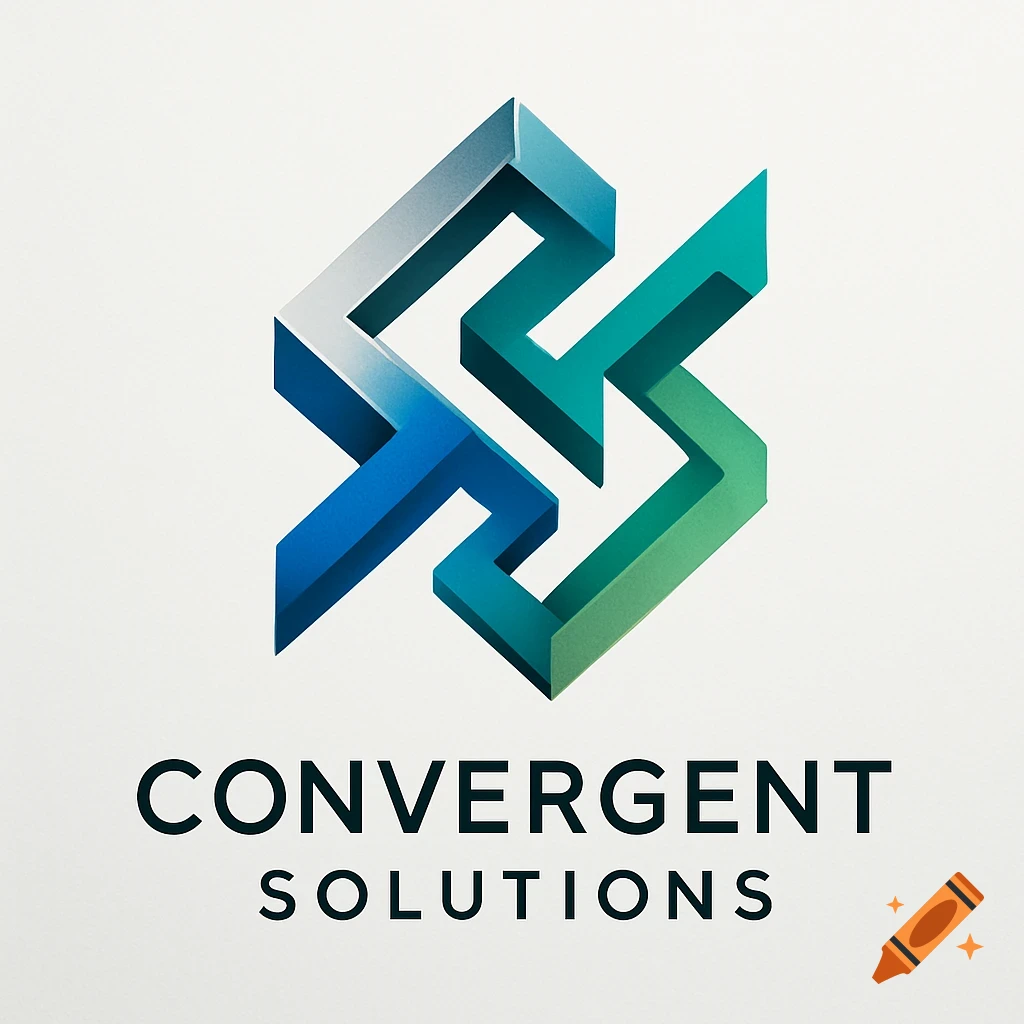 A 3D abstract logo in blue and green, resembling intertwined geometric shapes, with the text "CONVERGENT SOLUTIONS" below it.