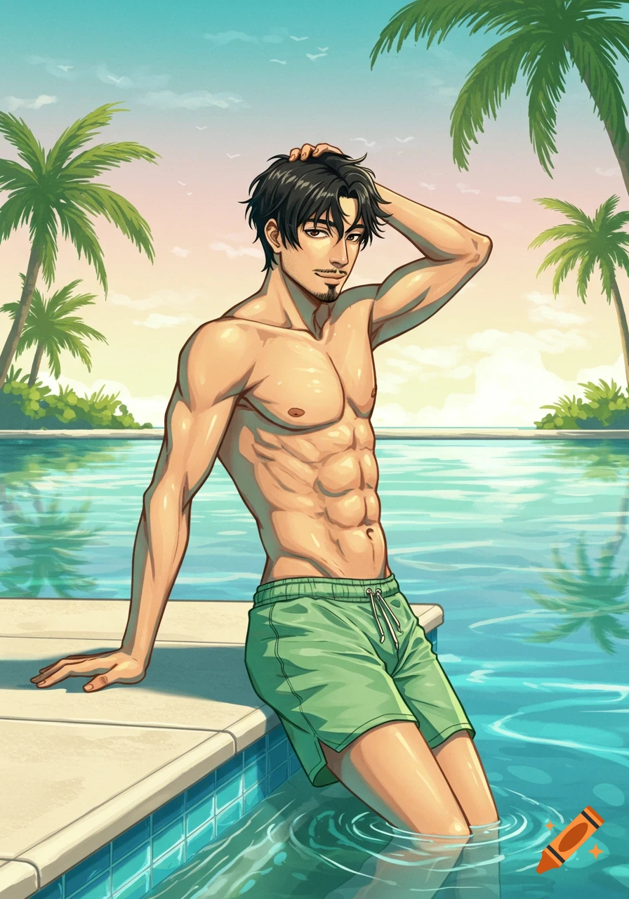 Anime illustration of a shirtless man with black hair and a goatee, wearing sage green shorts, posing by a pool with palm trees.