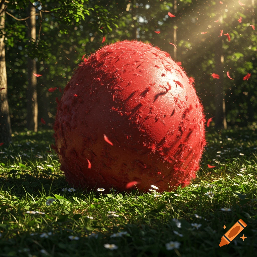 A large, textured red egg sits in a sunlit forest clearing with green grass and white flowers. Small red feathers fall around it.