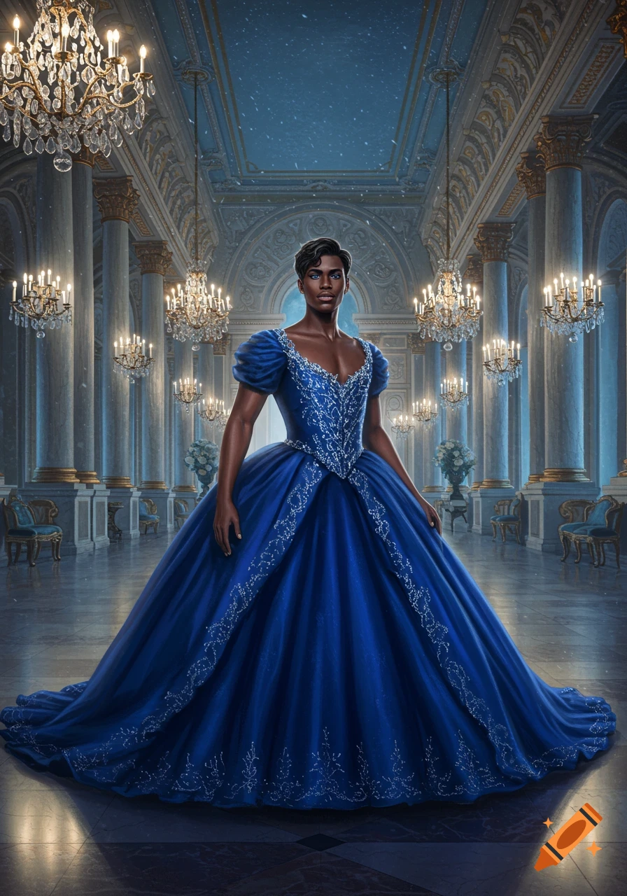 A person in a dark blue ballgown with silver details stands in a grand, chandelier-filled ballroom with a hint of snow.