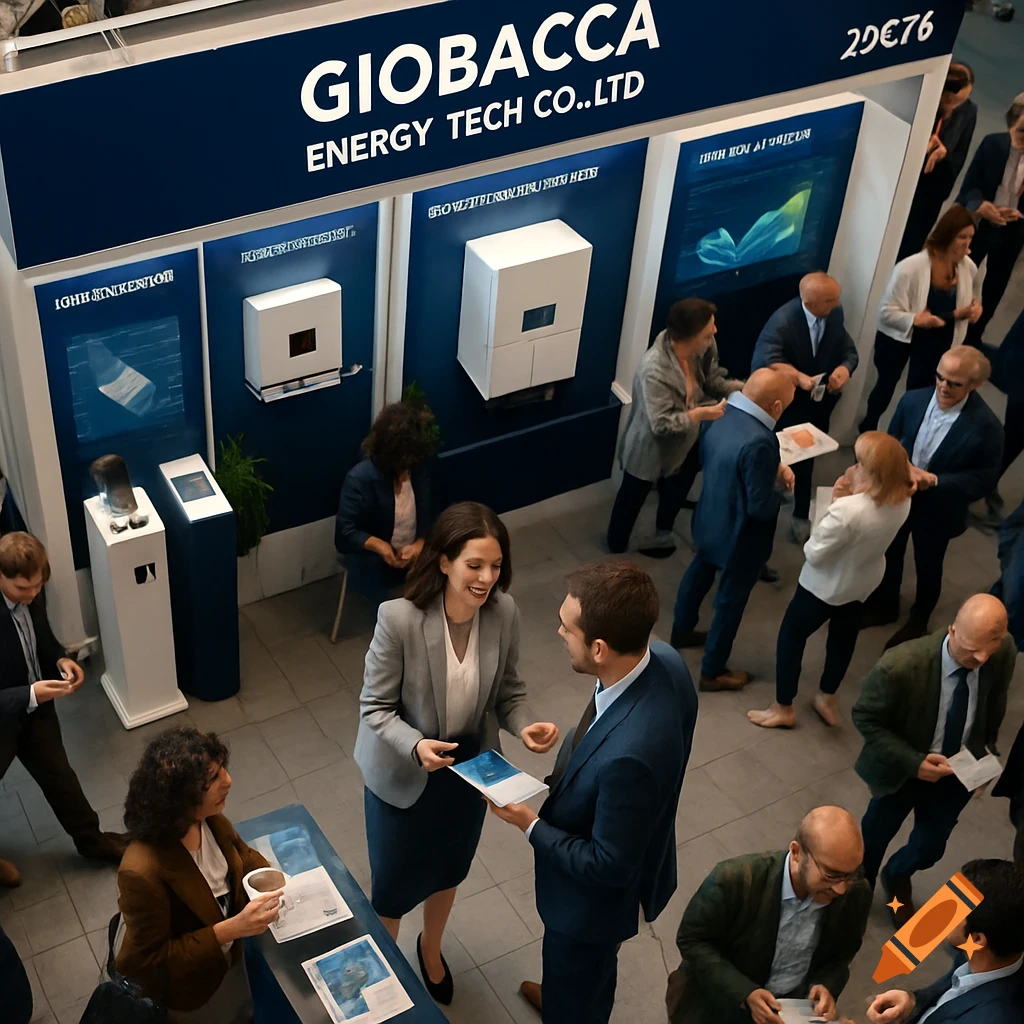 Overhead view of a bustling technology exhibition booth for GIOBACCA Energy Tech Co., Ltd, with attendees interacting.