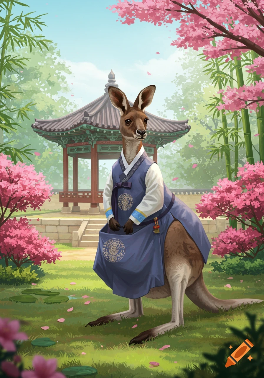 A kangaroo in a blue hanbok stands in a vibrant garden with cherry blossoms and a Korean pavilion.
