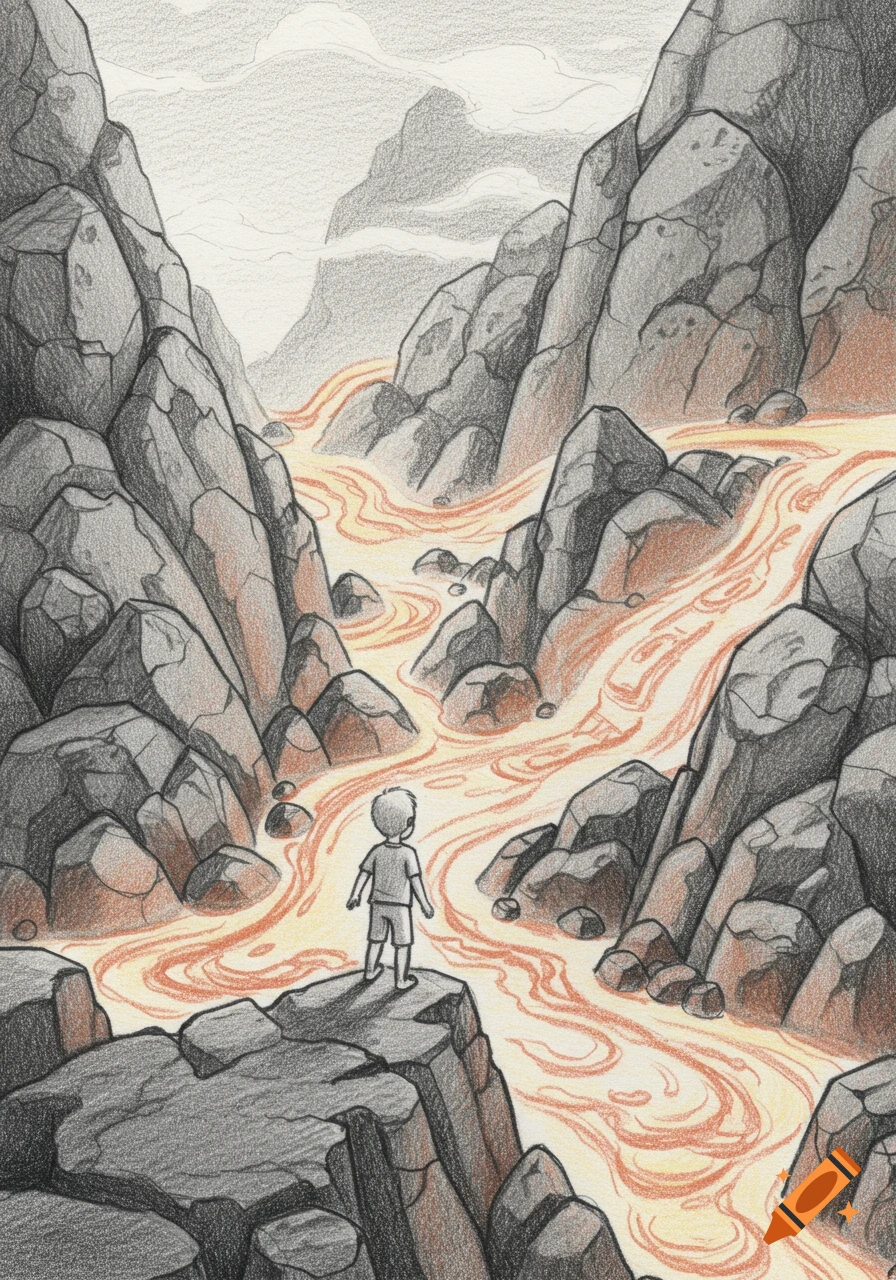 A young boy stands on a rock overlooking a river of lava flowing through a canyon of dark rocks, in a simple pencil drawing style.