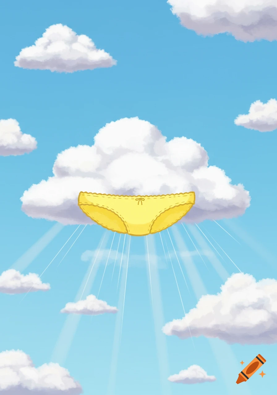 A cartoon yellow panty hangs under a cloud, emitting sun rays in a blue sky with other white clouds.
