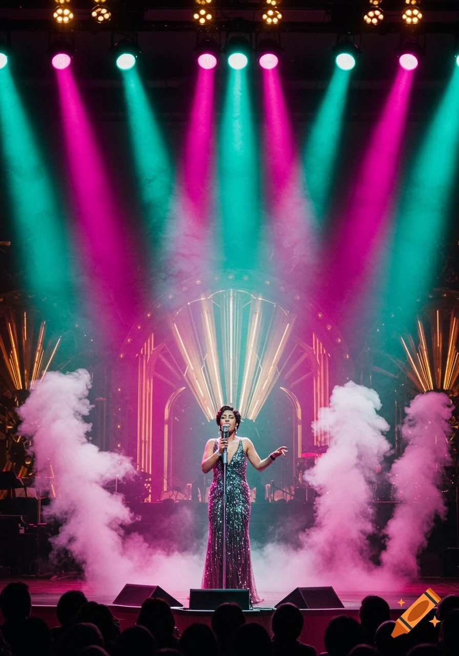 A female singer in a sparkling gown performs on stage, lit by vibrant pink and teal spotlights amidst smoke.
