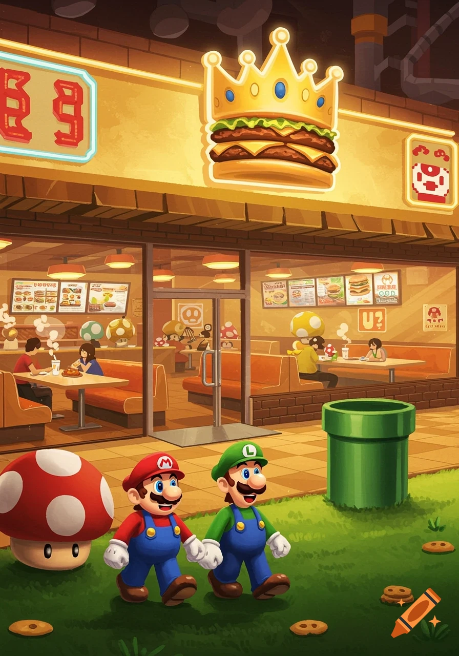 Mario and Luigi walk past a Burger King-like restaurant with a giant mushroom. The restaurant has a burger-with-crown logo and menus inside.