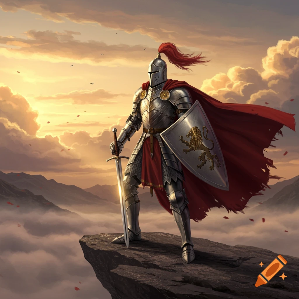 A knight in shining armor with a red cape, holding a sword and a shield with a lion emblem, stands on a cliff at sunset.