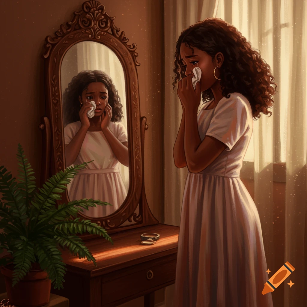 A drawing of a Black girl in a white dress crying, wiping tears from her eyes while looking at her reflection in an ornate mirror.