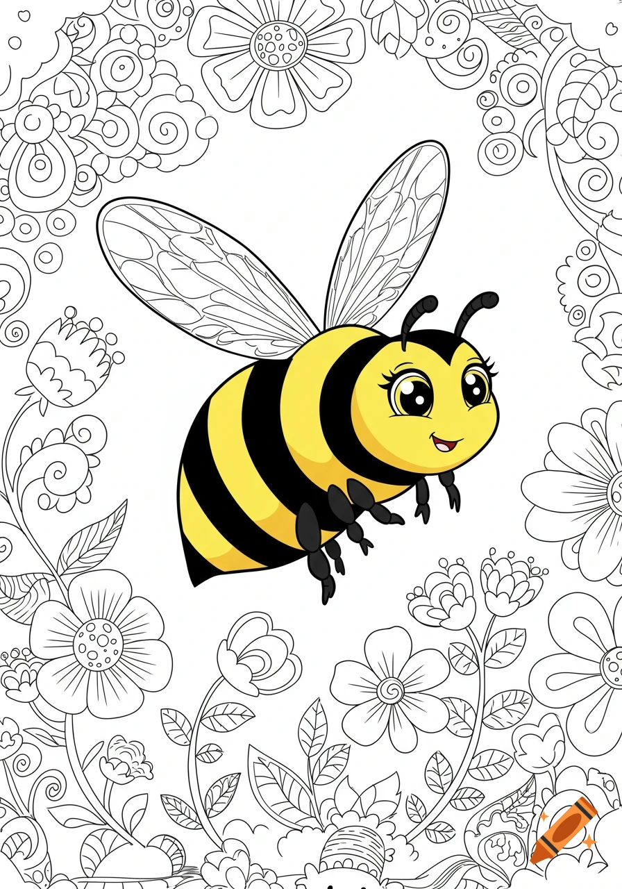 A cartoon bumblebee with yellow and black stripes, big eyes, and six legs, on a coloring book page with black and white floral designs.