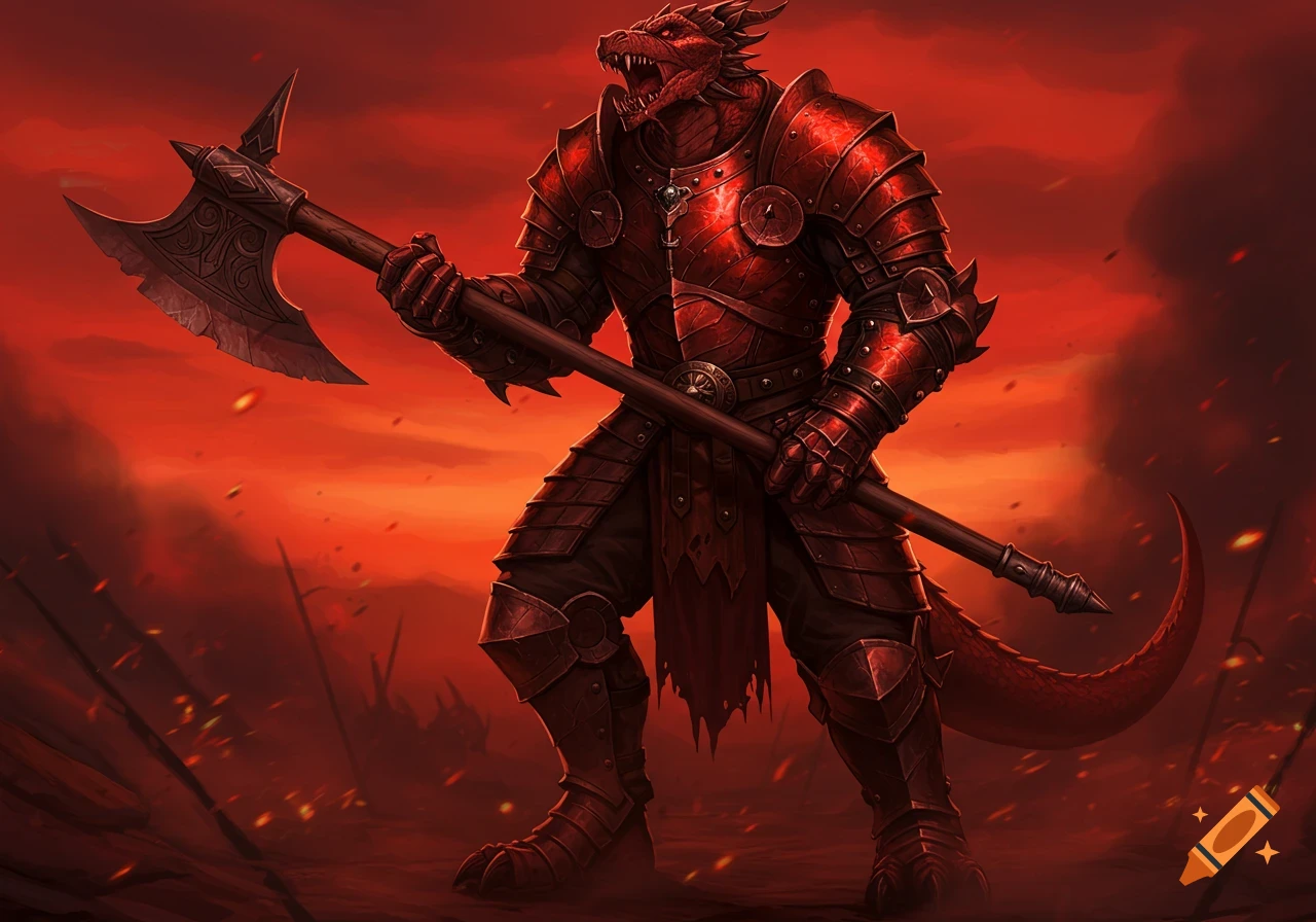 A menacing red dragon-like fighter in battle-scarred red scale armor, roaring and holding a great axe against a fiery red sky.