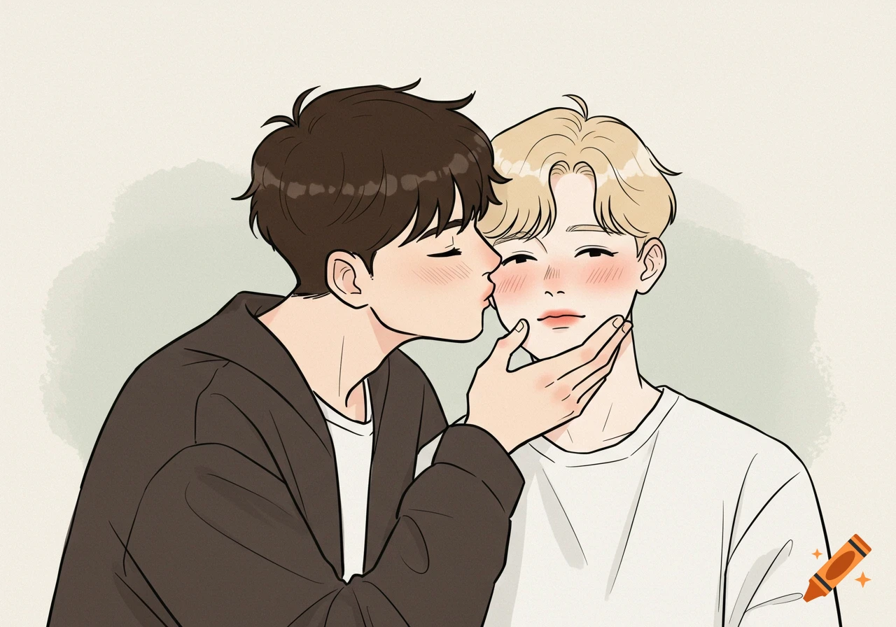 A simple online drawing illustration of a brunette man kissing a blonde man on the cheek.
