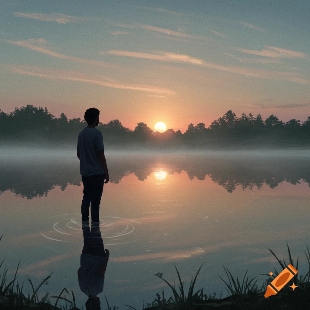 A person stands in a misty lake at sunset, gazing at the sun on the horizon, with trees silhouetted in the background.