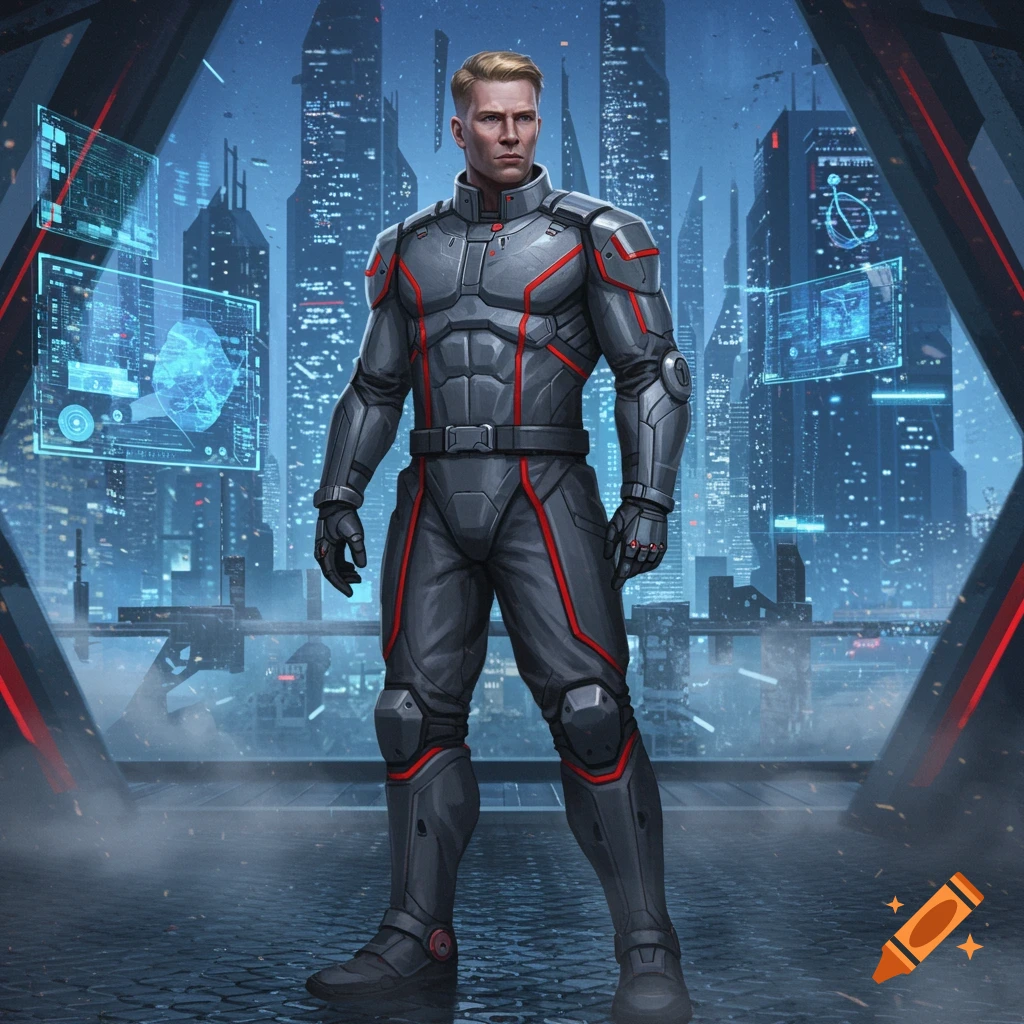 A man in a gray and red sci-fi suit stands in a futuristic city with holographic displays.