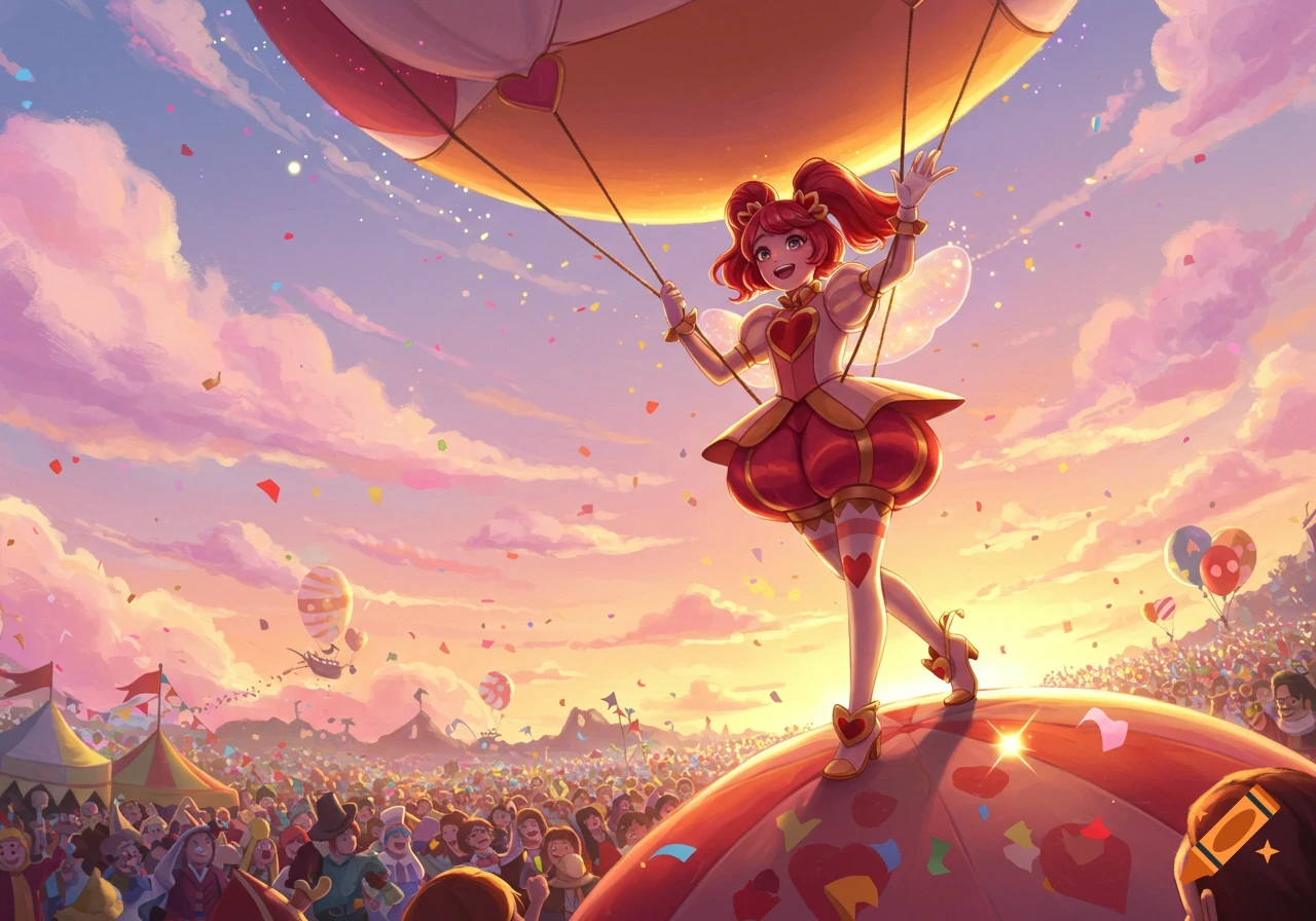An anime girl in a red and white outfit stands atop a large balloon, waving to a crowd below at sunset with confetti falling.