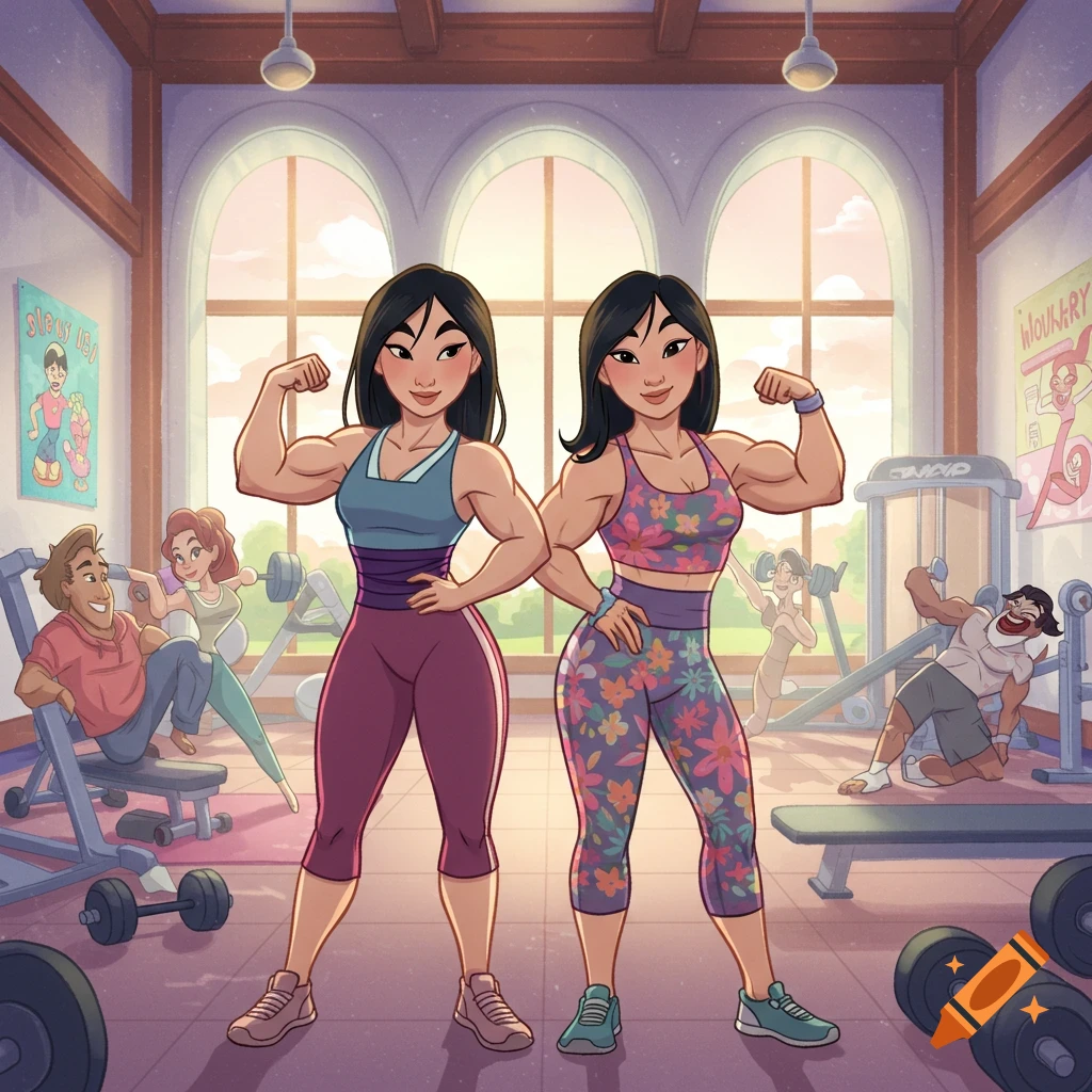 Two cartoon women resembling Mulan, one in a blue top and one in a floral sports bra, flex their muscles in a gym. Other people work out in the background.