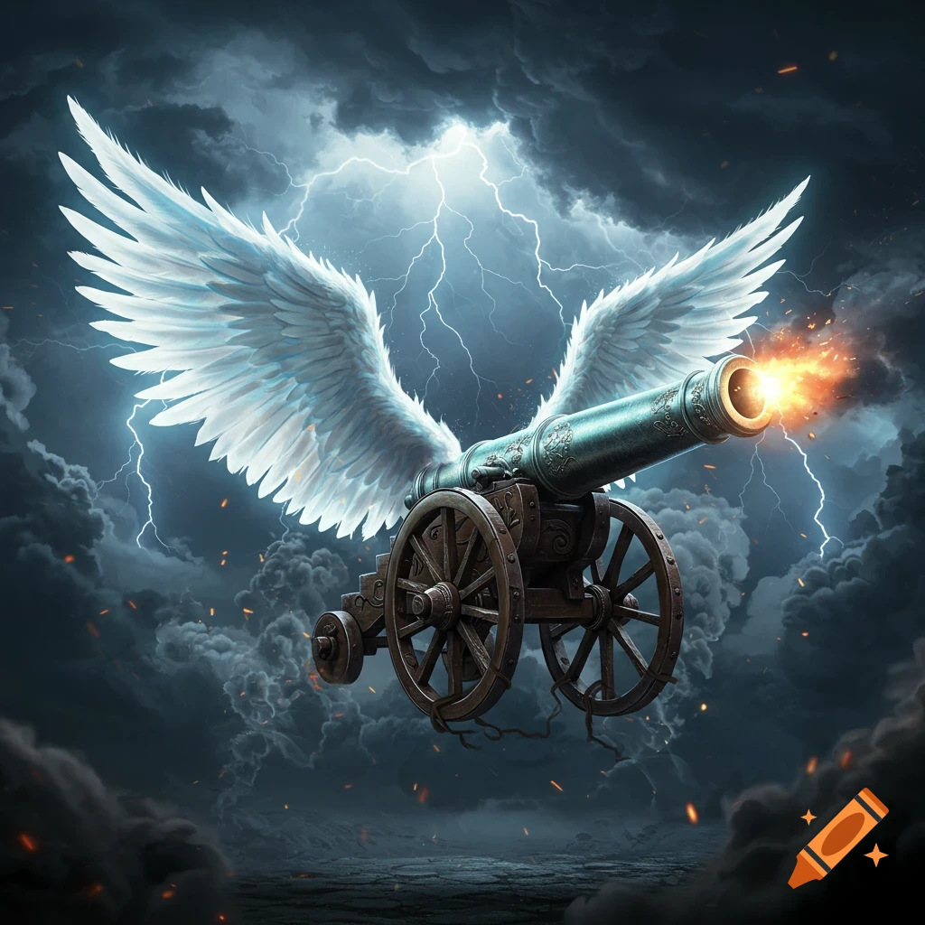 A winged cannon hovers in a stormy, lightning-filled sky, firing a bright blast from its barrel.