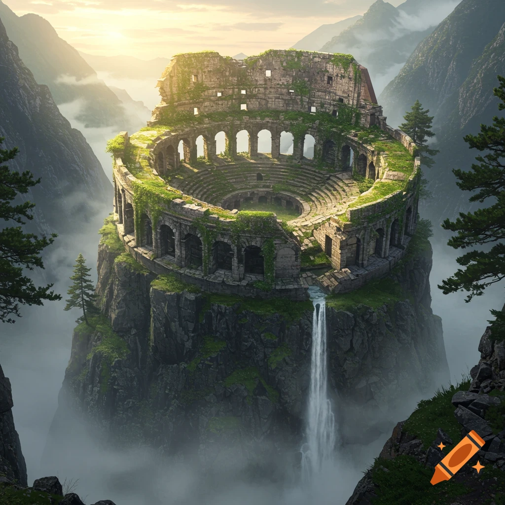An ancient, overgrown colosseum ruin sits atop a misty mountain, with a waterfall cascading from it. Photorealistic style.