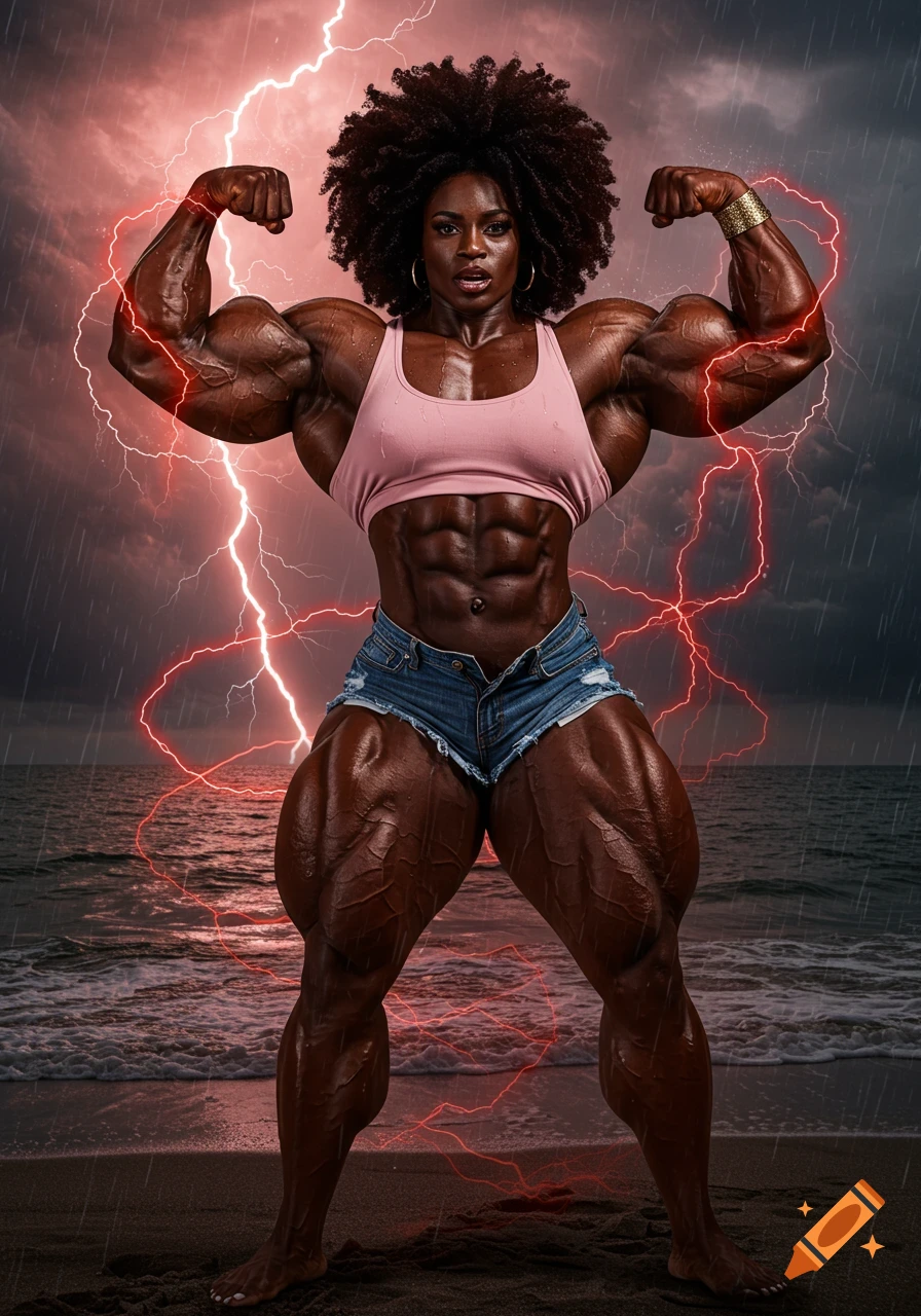 A muscular female bodybuilder flexing her biceps on a stormy beach with red lightning.