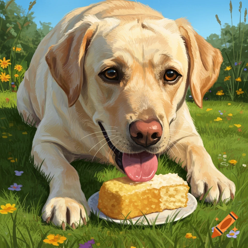 A yellow Labrador dog lies in green grass with colorful wildflowers, licking its chops at a slice of cake on a white plate under a blue sky.