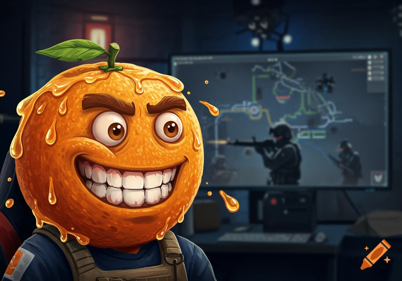 An angry, smiling Annoying Orange character in tactical gear sits at a desk, looking at a blurry monitor displaying a tactical map from CS:GO with soldiers.