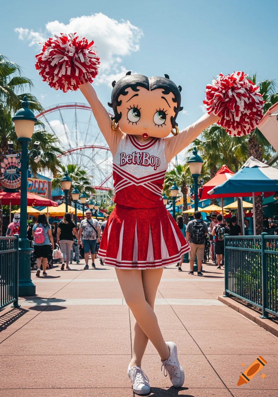A person in a Betty Boop cheerleader costume poses in a theme park, holding red and white pom-poms.
