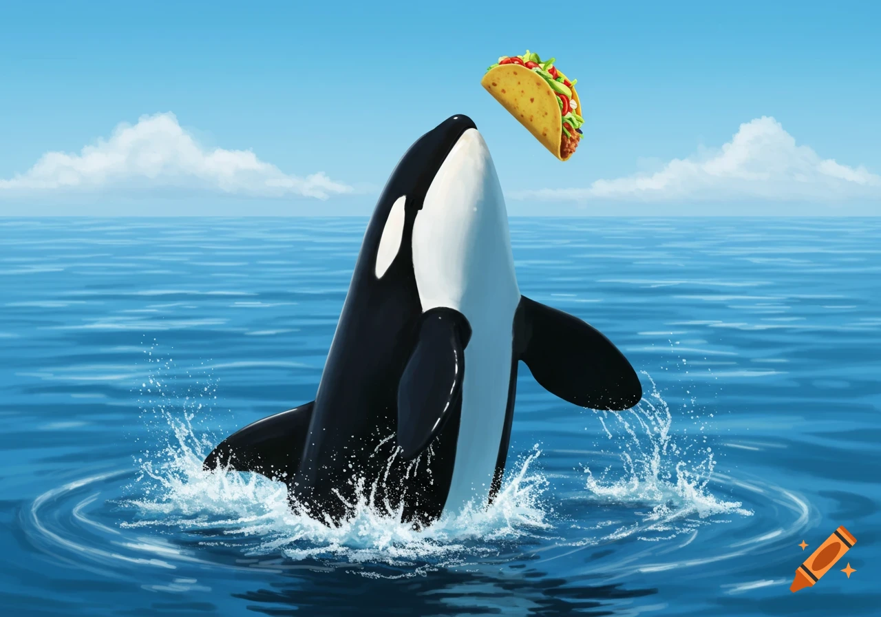 An orca leaps from the ocean, looking at a floating taco under a blue sky.