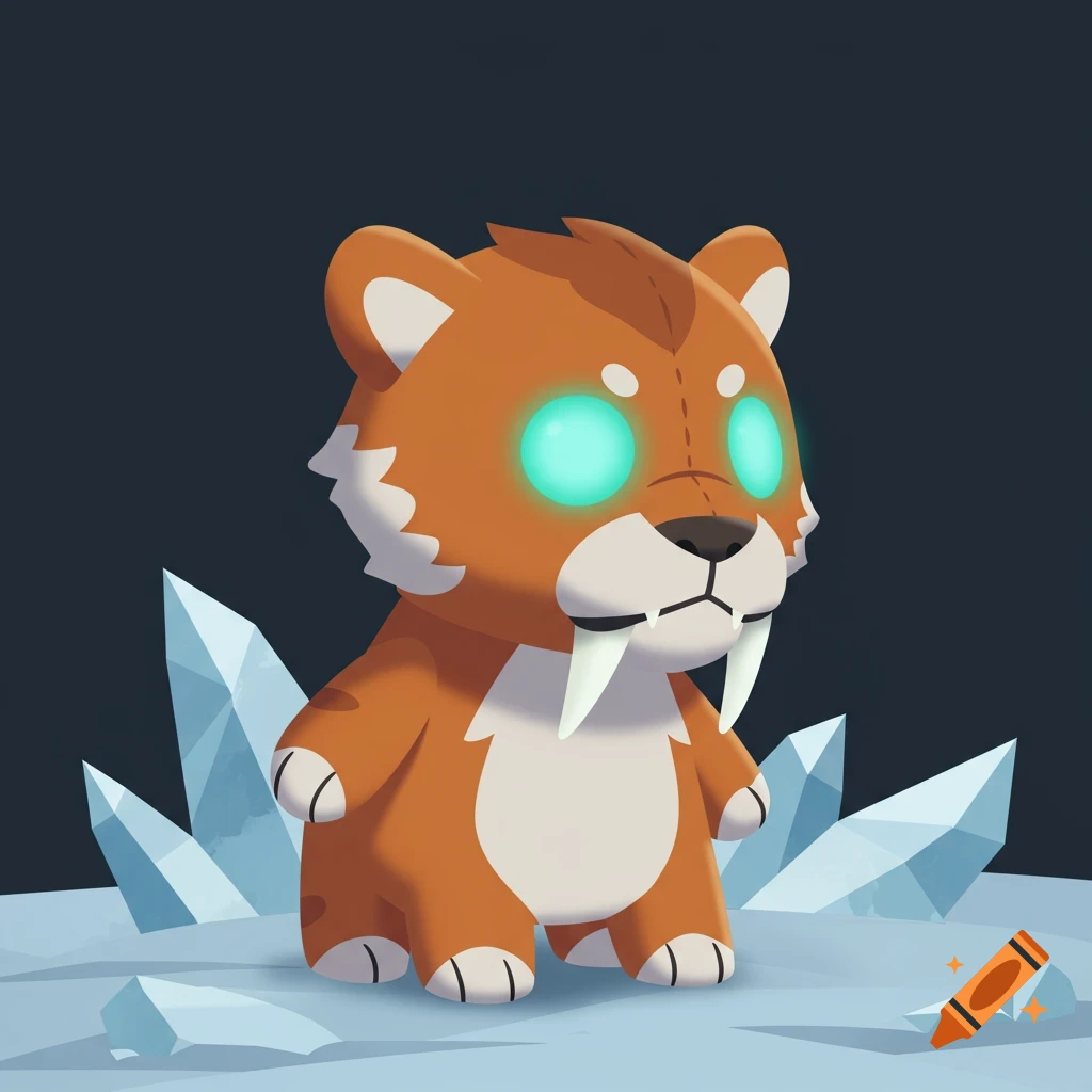 A minimalist vector art of a burnt-orange sabertooth tiger plush doll with glowing sea-green eyes, standing on ice among geometric ice shards.