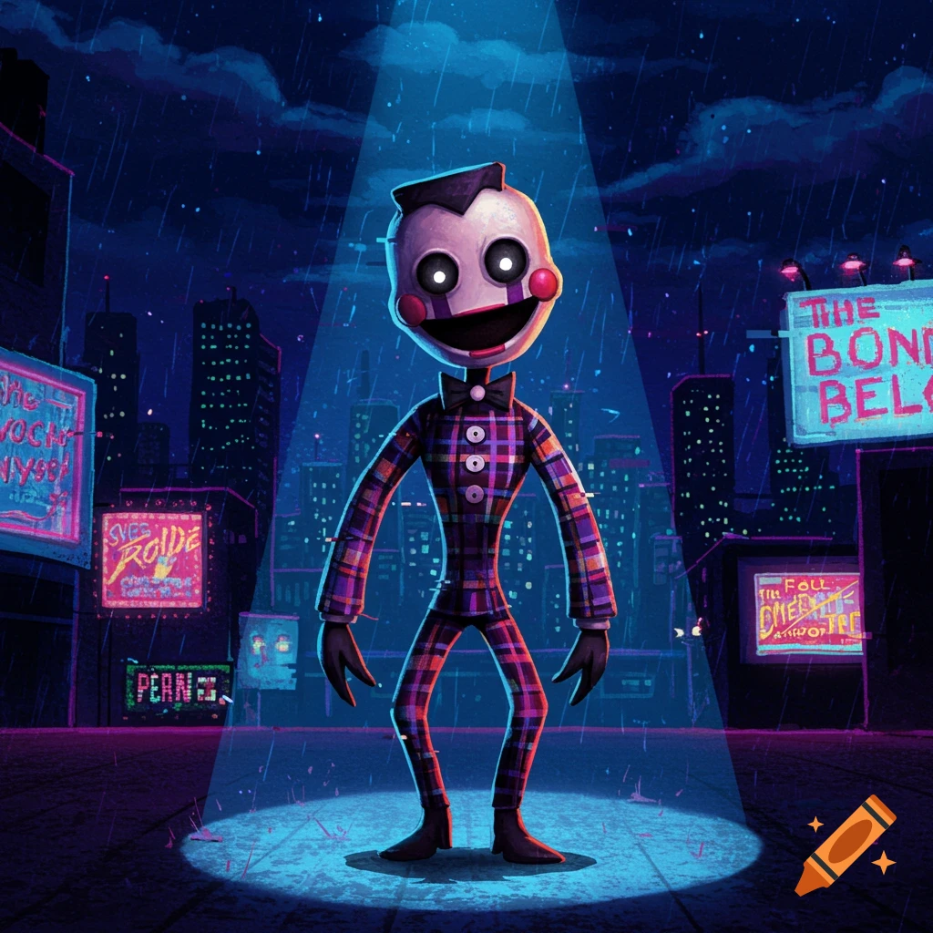 A smiling, puppet-like character in a plaid suit and bow tie stands in a spotlight in a rainy, neon-lit city at night.