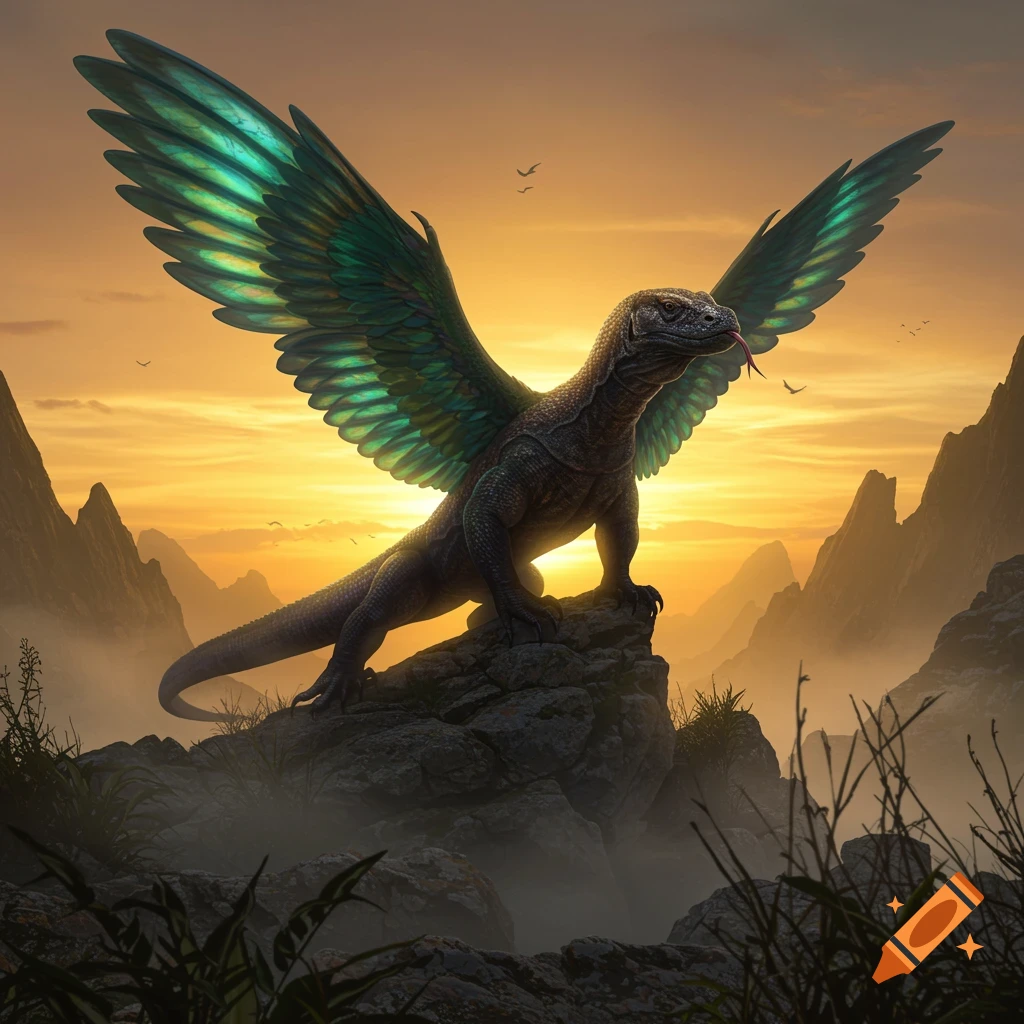 A majestic winged Komodo dragon stands on a rocky peak at sunset, vibrant green wings spread against an orange sky with misty mountains.
