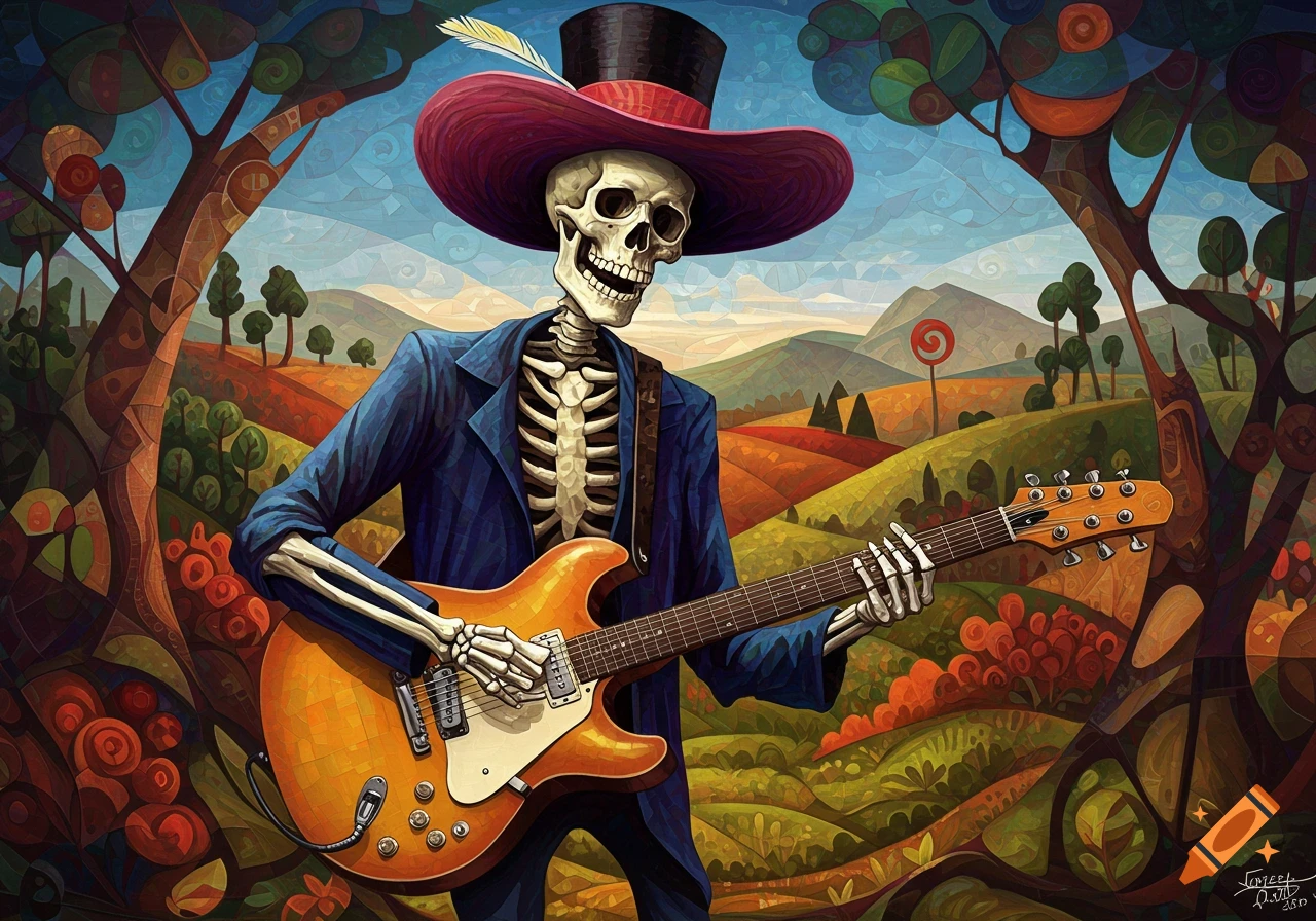 A skeleton in a top hat and blue jacket plays an orange electric guitar in a colorful, cubist-style landscape with hills and trees.
