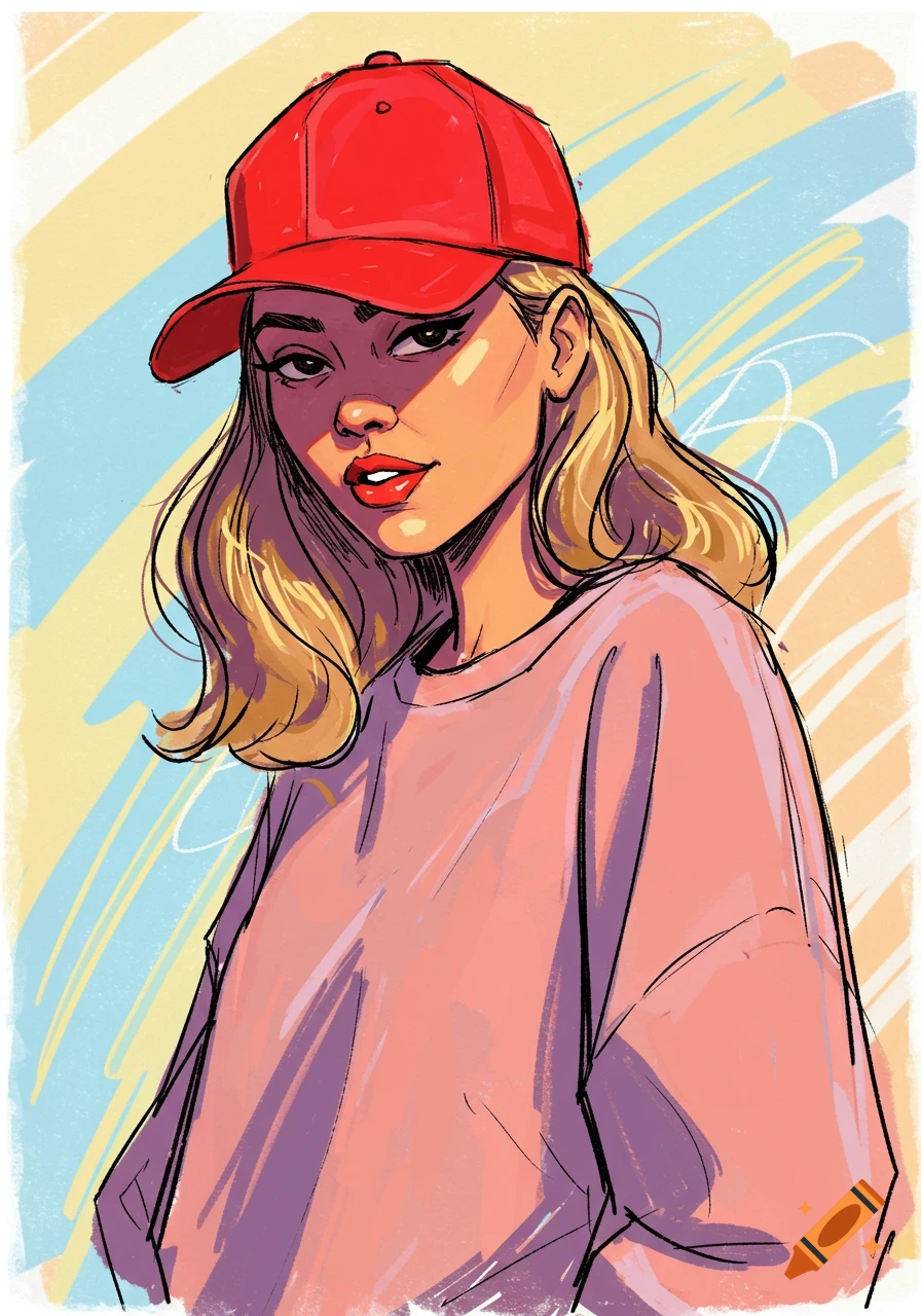 An illustrated portrait of a woman wearing a red baseball cap and a pink long-sleeved shirt, with blonde hair and abstract background.