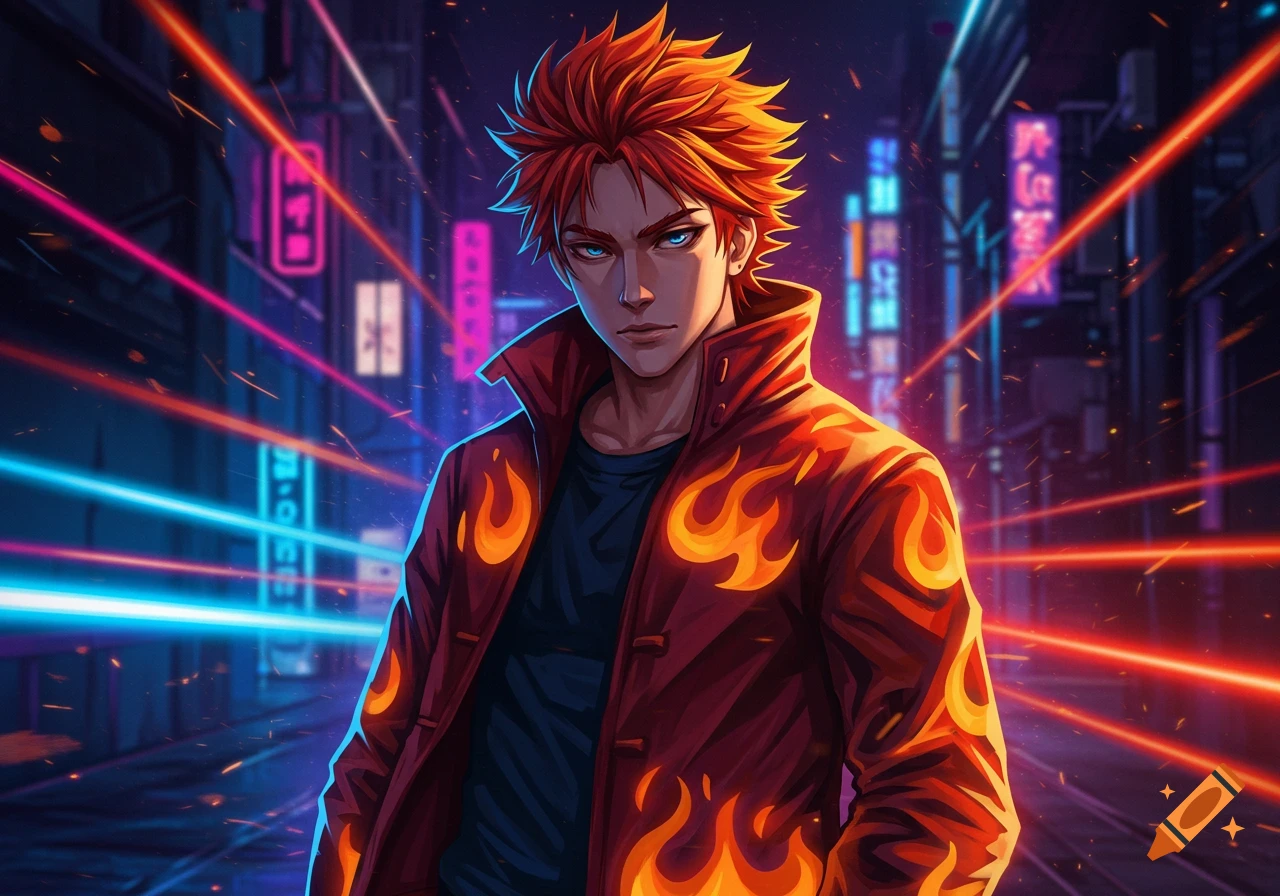 An anime man with spiky orange hair and blue eyes wears a red jacket with orange flames in a neon-lit cyberpunk city.